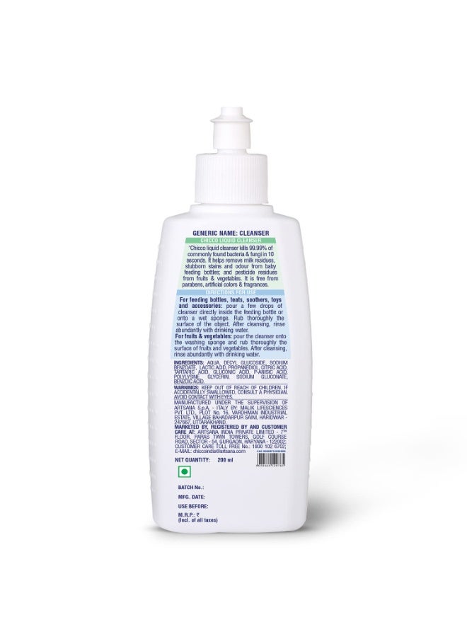 شيكو Chicco Liquid Cleanser 200ml Bottle Wash for Cleaning Baby Bottles, 100% Food Grade & Natural Ingredients, kills 99.99% Germs, Anti-Bacterial & Anti-Fungal, Cleans Baby Feeding Bottles, Nipples, Sipper Cups, Toys, Fruits, Vegetables, etc., Baby Safe & Dermatologically tested - Image 3